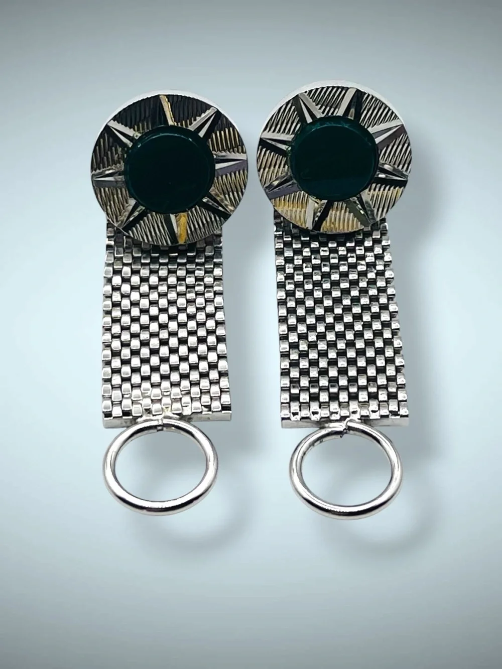 Vintage Mid Century Silver Tone Green Cabochon Mesh Wrap Cufflinks